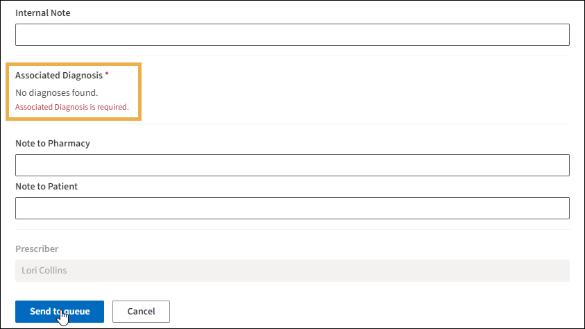 Add Prescription panel with a yellow highlight box around the Associated Diagnosis is required warning message.